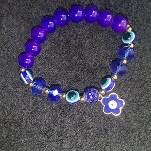 (New) Blue & White Beaded Fashion Bracelet With Flower Charm